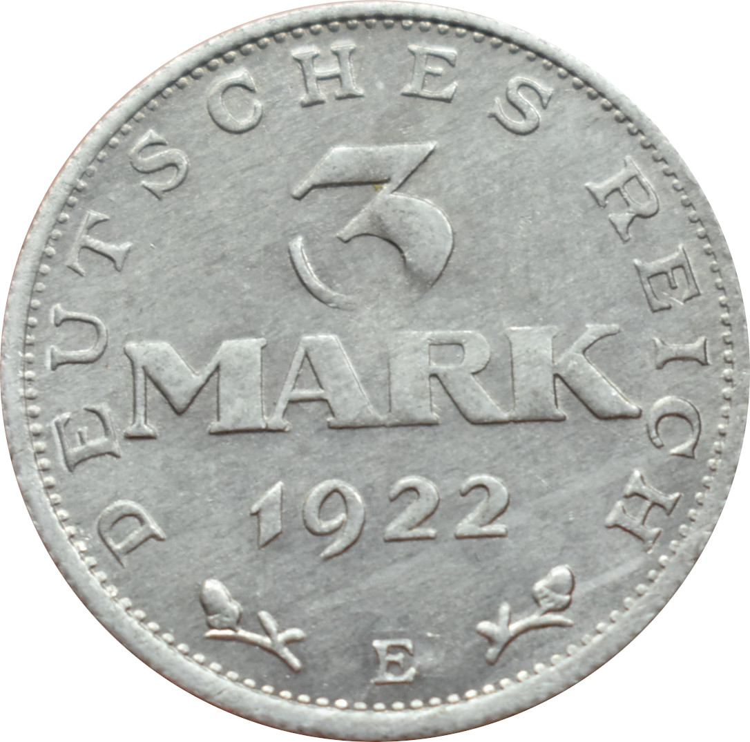 Nemecko - Weimarská republika 3 Mark 1922 E
