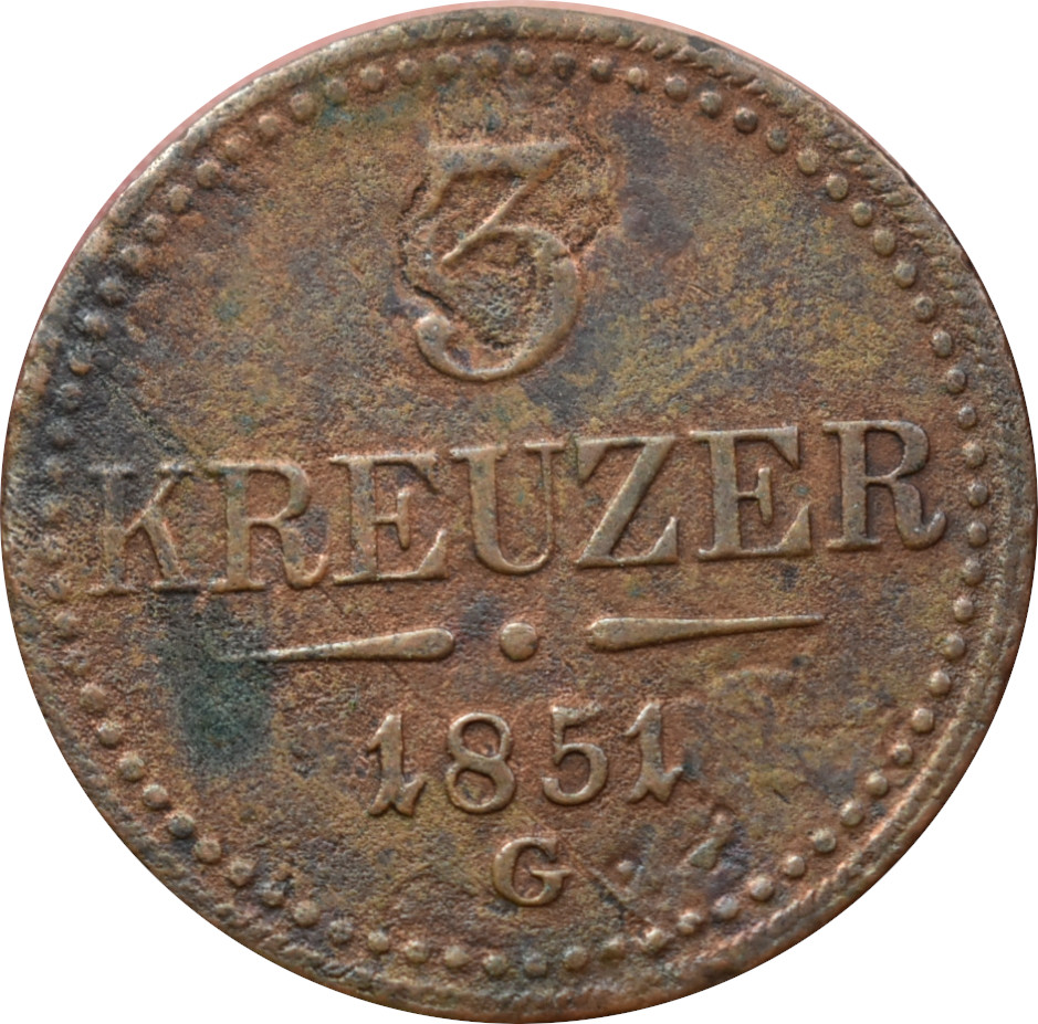 F.J. 3 Kreuzer 1851 G