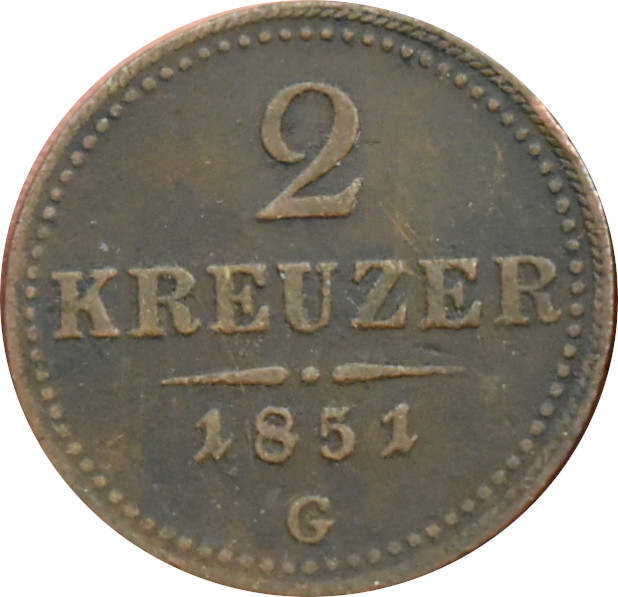 F.J. 2 Kreuzer 1851 G