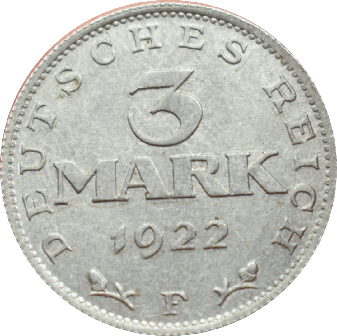 Nemecko - Weimarská republika 3 Mark 1922 F